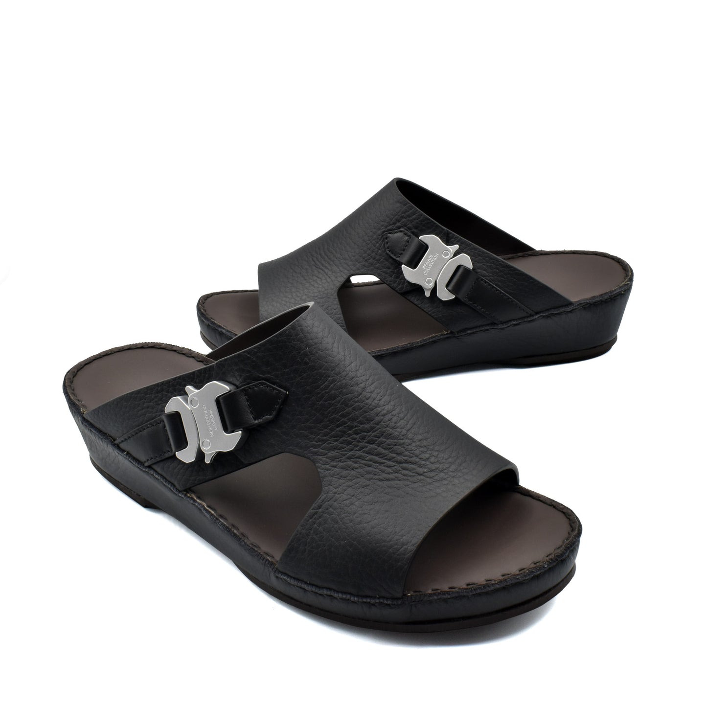 Private Collection black luxury leather sandals with silver buckle detail and cushioned sole