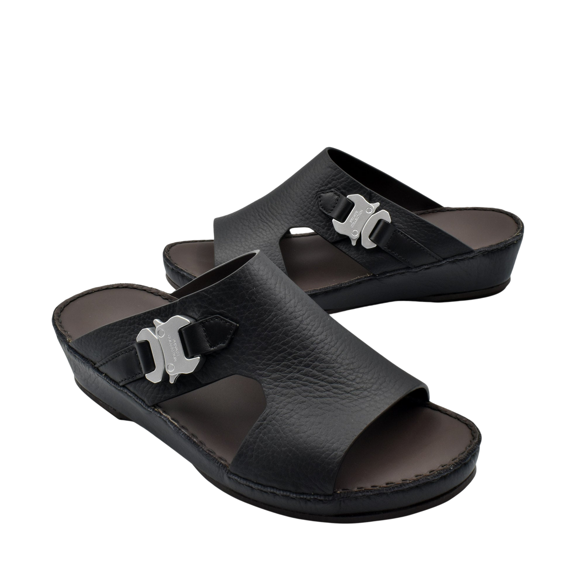 Private Collection black luxury leather sandals with silver buckle detail and cushioned sole