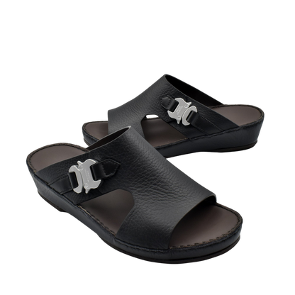 Private Collection black luxury leather sandals with silver buckle detail and cushioned sole