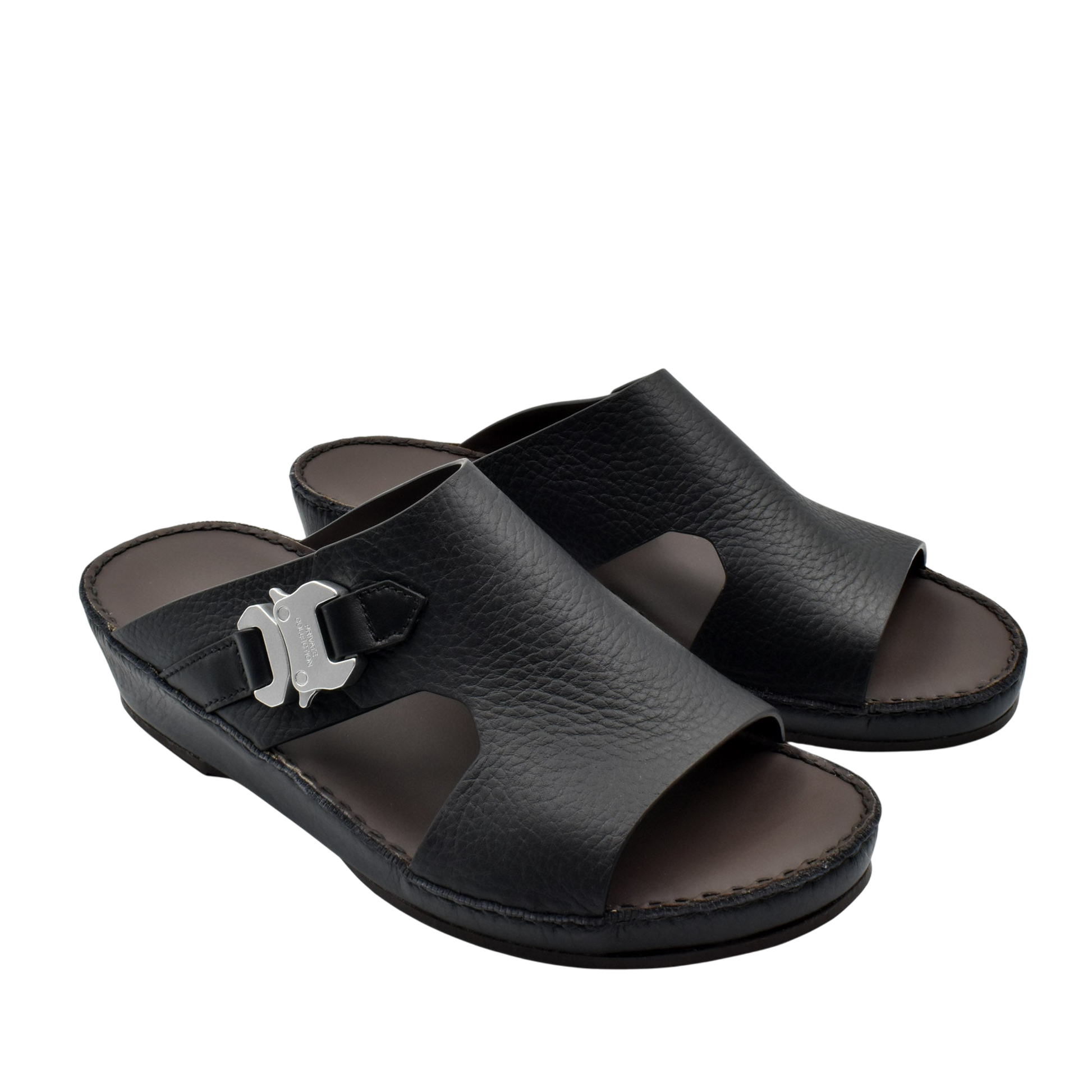 Private Collection luxury leather sandals in black with open toe and adjustable buckle strap