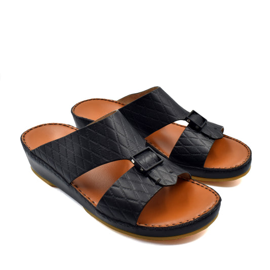 Private Collection black luxury leather sandals with quilted straps and adjustable buckle on tan sole