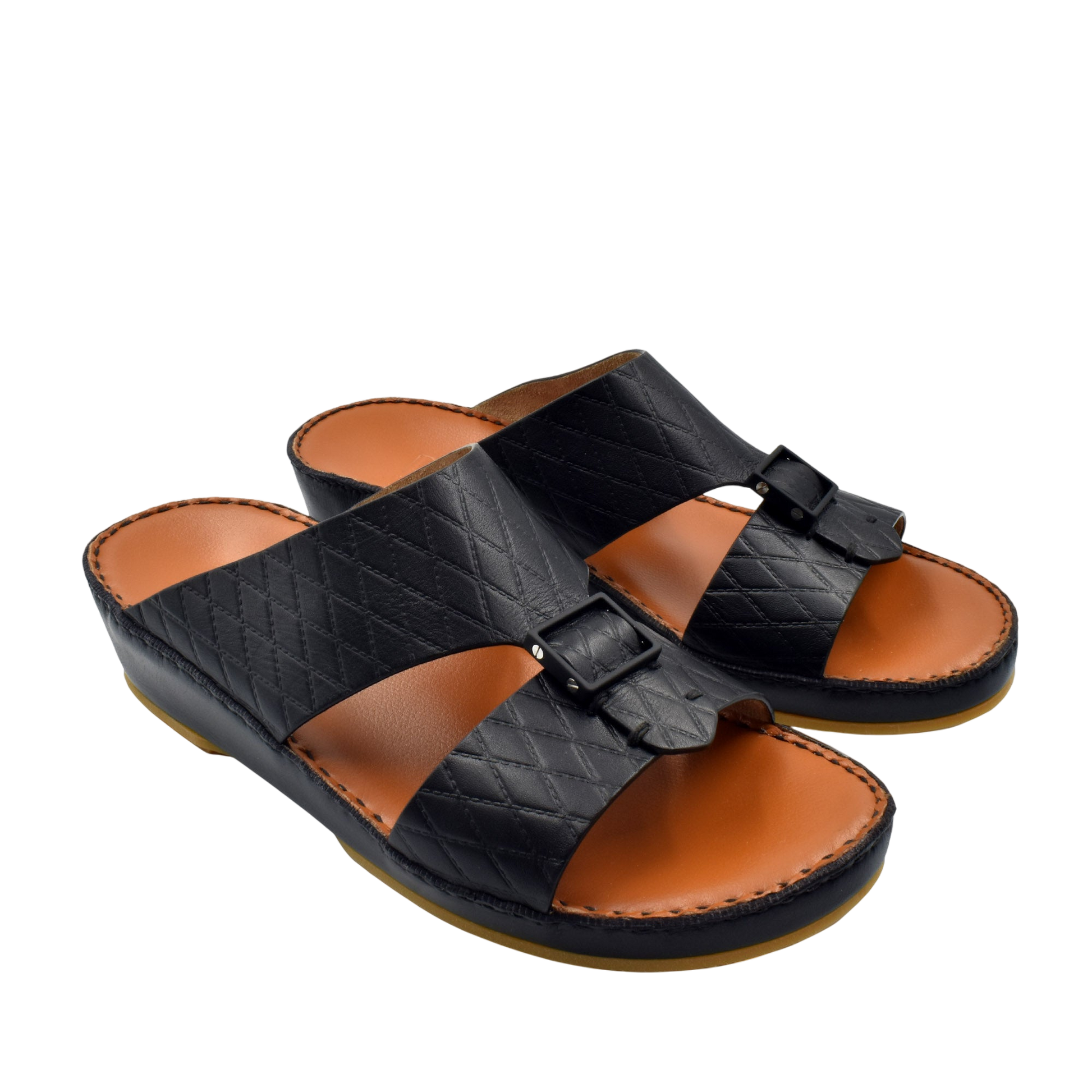 Private Collection black luxury leather sandals with quilted straps and adjustable buckle on tan sole