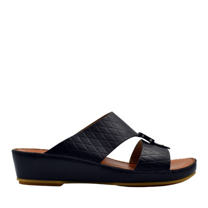Private Collection black luxury leather sandals with quilted straps and wedge sole