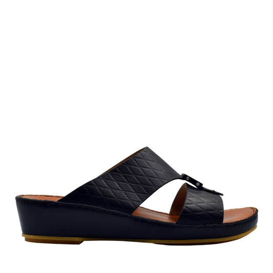 Private Collection black luxury leather sandals with quilted straps and wedge sole