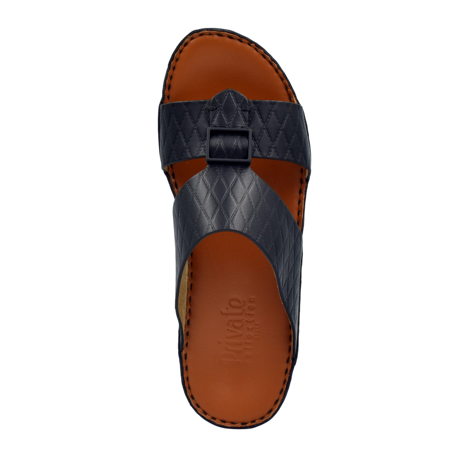 Private Collection luxury leather sandals in black with stitched brown sole and quilted straps
