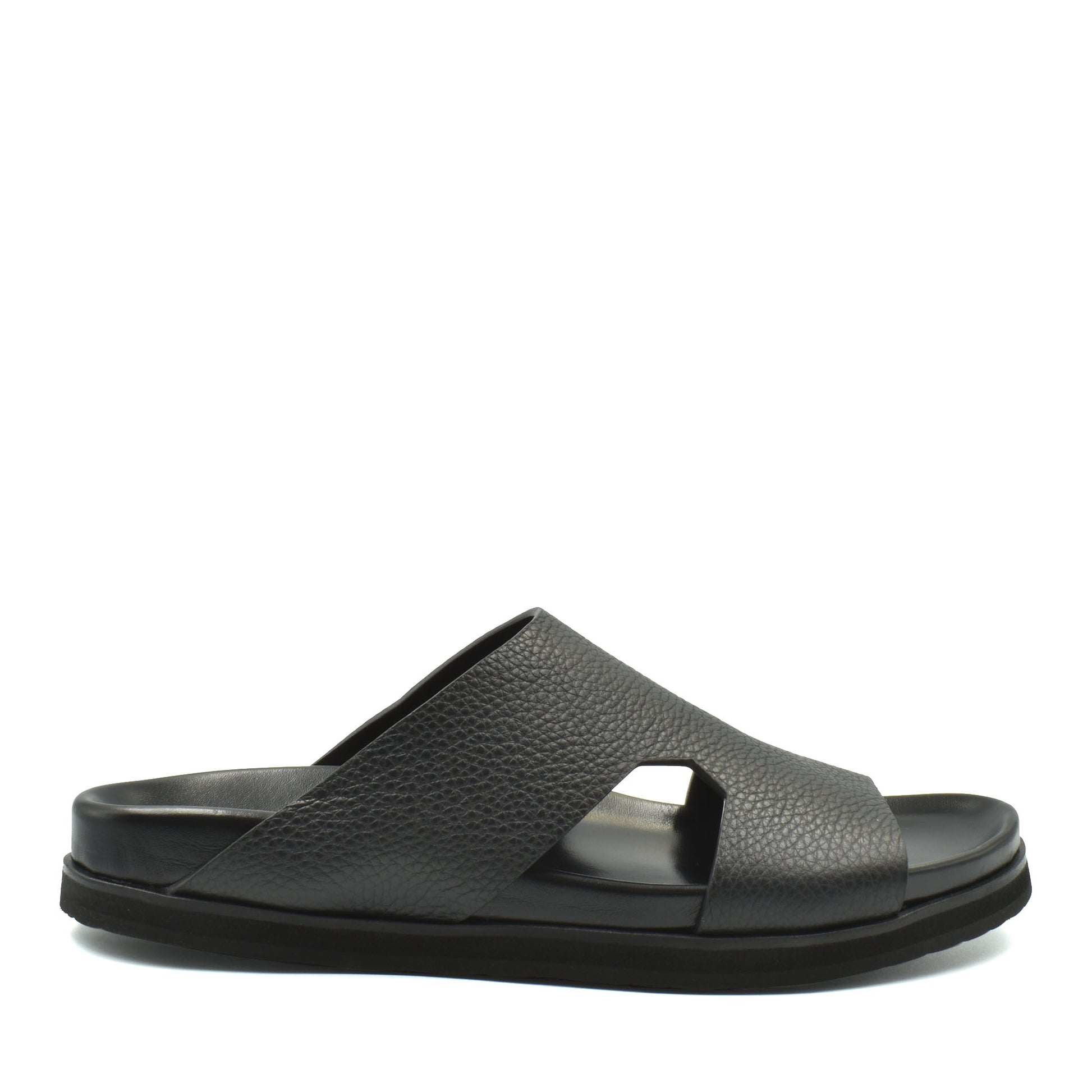 Black luxury leather sandals with textured upper and cushioned sole for comfortable wear