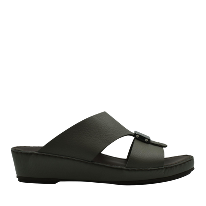 Black luxury leather sandals with a wedge heel and wide strap from Private Collection