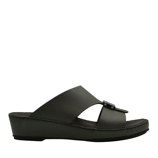 Black luxury leather sandals with a wedge heel and wide strap from Private Collection