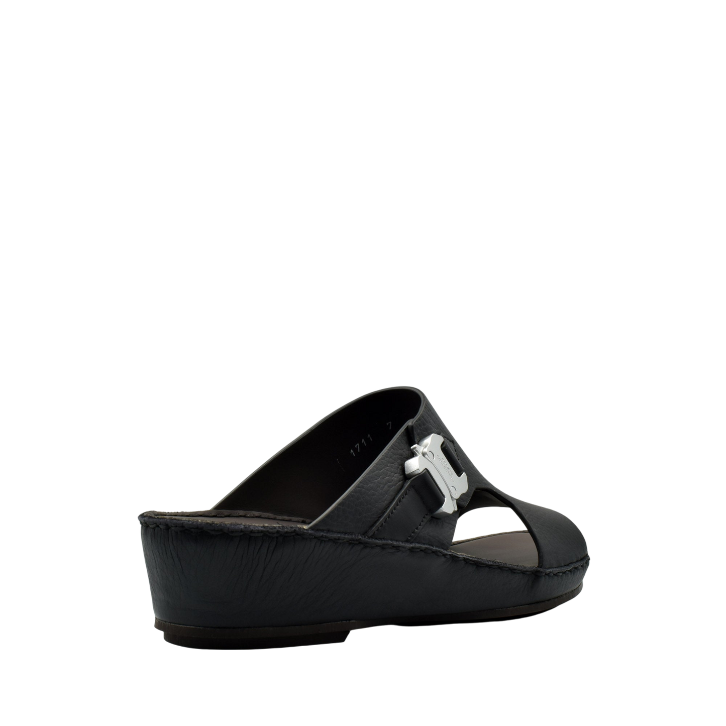 Private Collection black luxury leather sandals with wedge sole and silver buckle detail