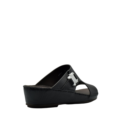 Private Collection black luxury leather sandals with wedge sole and silver buckle detail