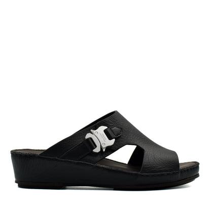 Black luxury leather sandals from Private Collection with silver buckle and comfortable wedge sole
