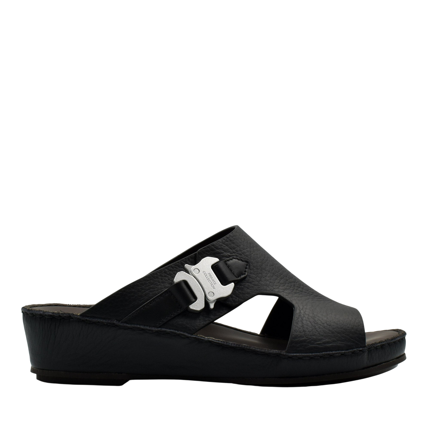 Black luxury leather sandals from Private Collection with silver buckle and comfortable wedge sole