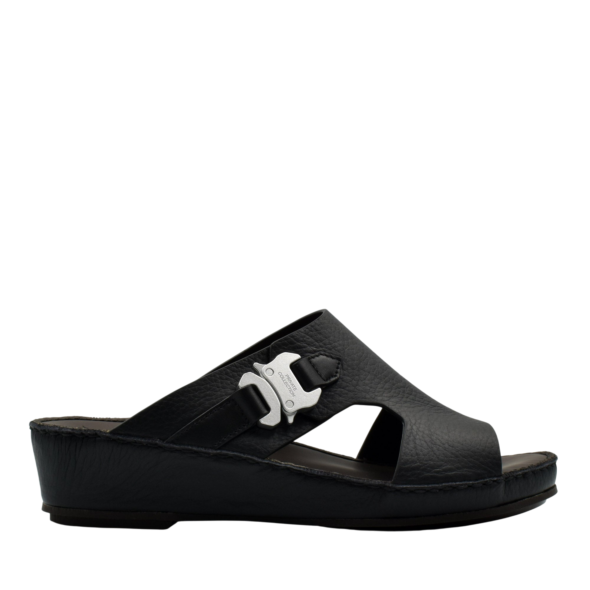 Black luxury leather sandals from Private Collection with silver buckle and comfortable wedge sole
