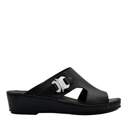 Black luxury leather sandals from Private Collection with silver buckle and comfortable wedge sole