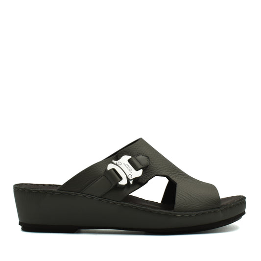 Private Collection black luxury leather sandals with buckle detail and wedge sole