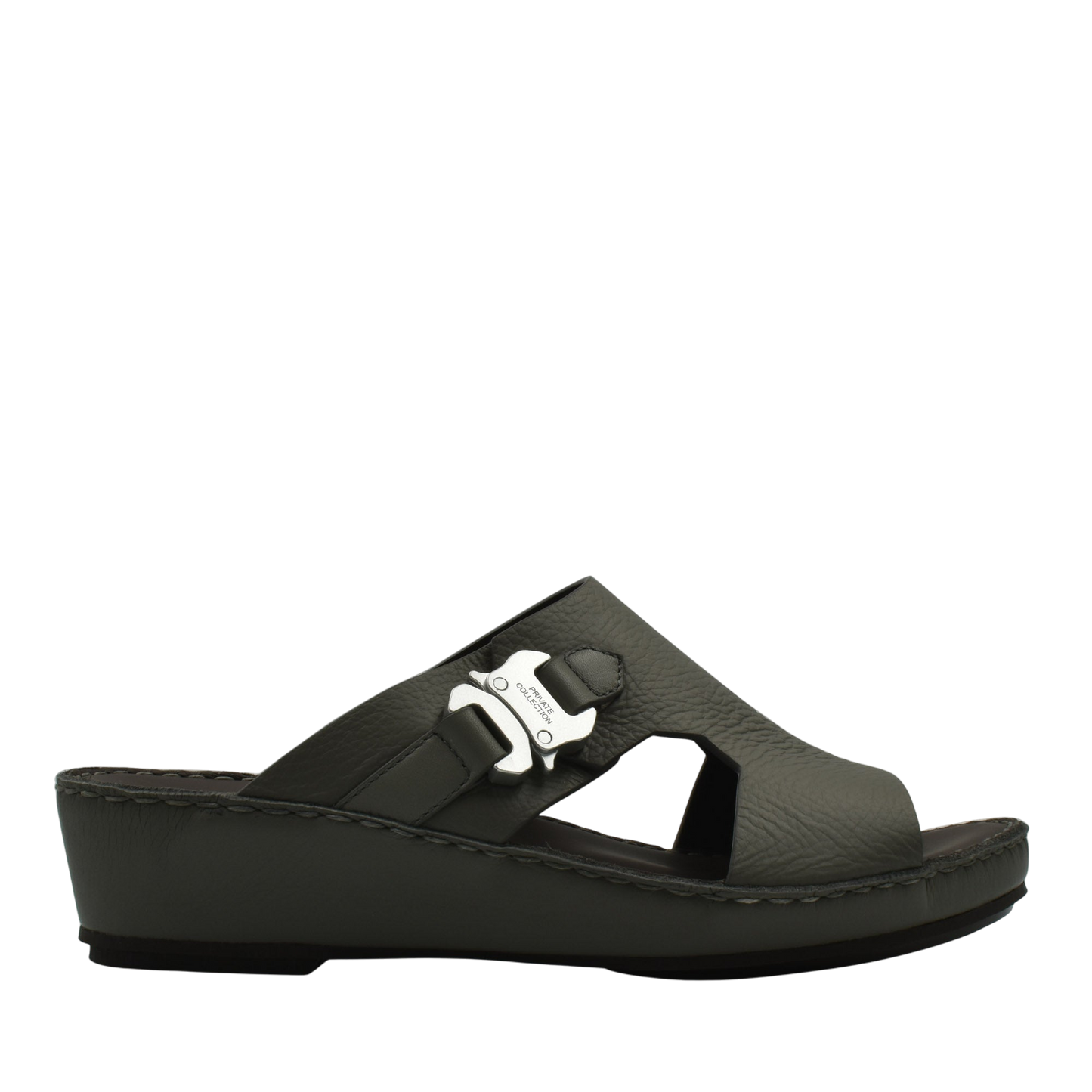 Private Collection black luxury leather sandals with buckle detail and wedge sole