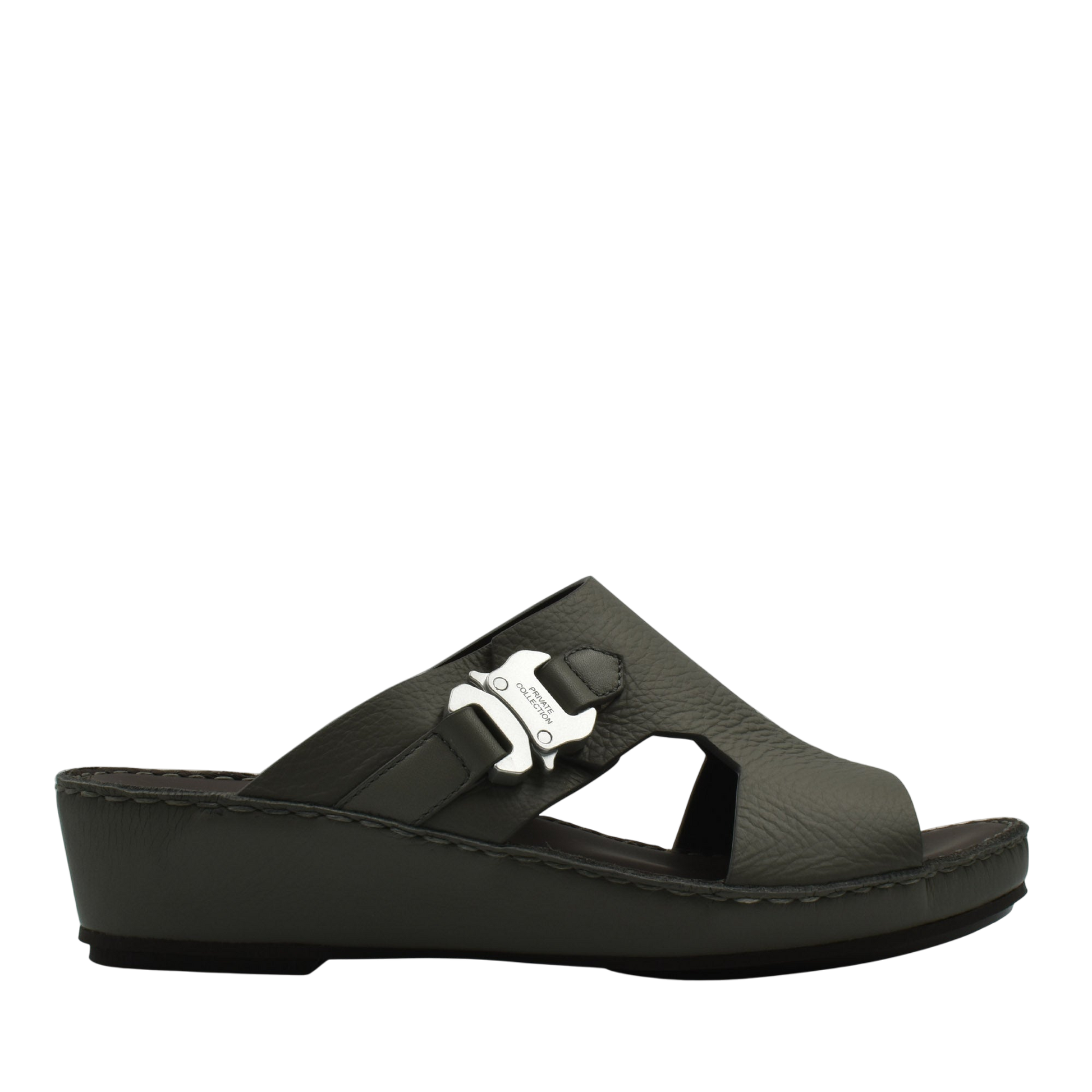 Private Collection black luxury leather sandals with buckle detail and wedge sole