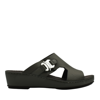 Private Collection black luxury leather sandals with buckle detail and wedge sole