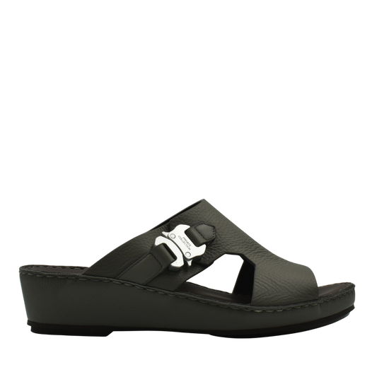 Private Collection black luxury leather sandals with buckle detail and wedge sole