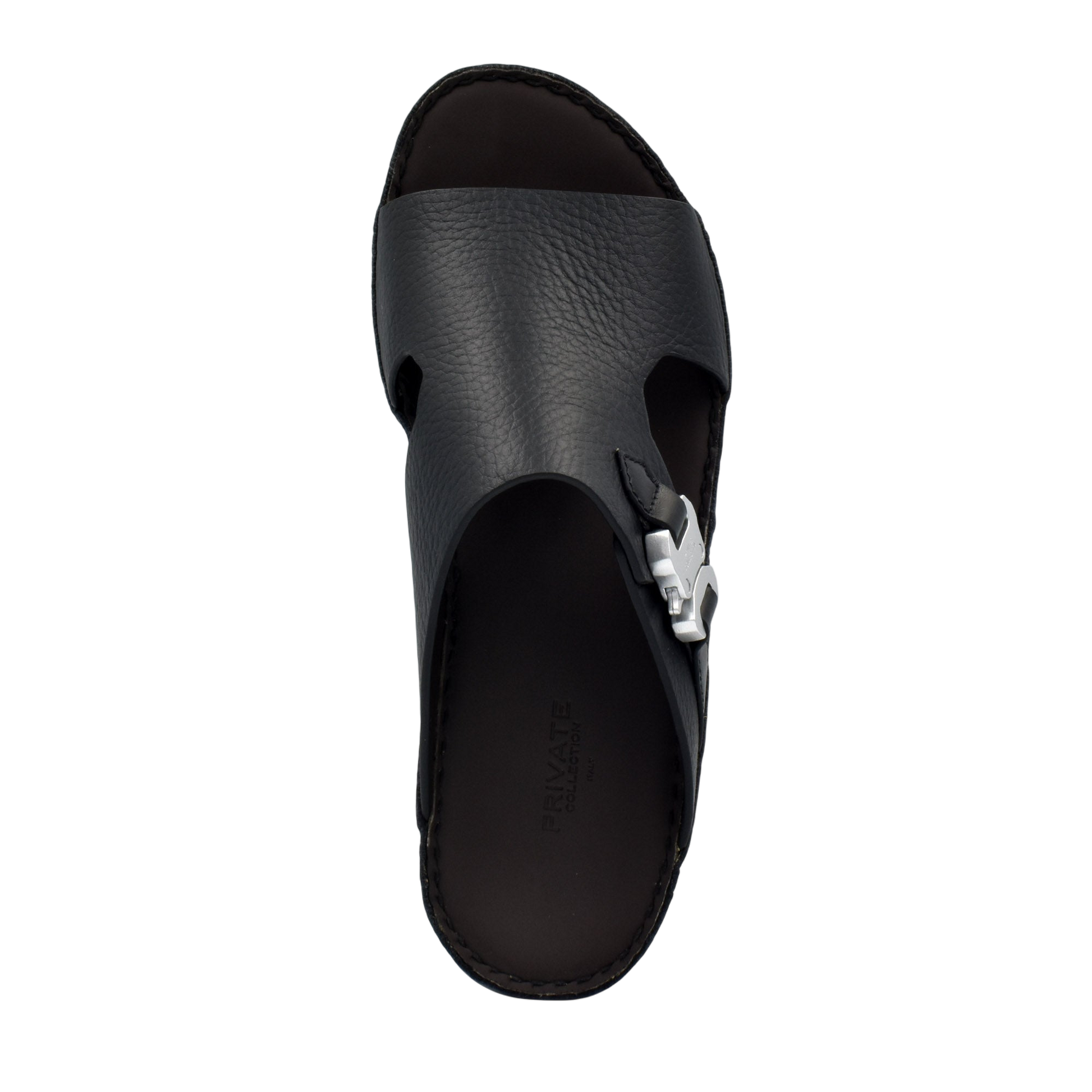 Black luxury leather sandals with textured upper and silver buckle detail by Private Collection