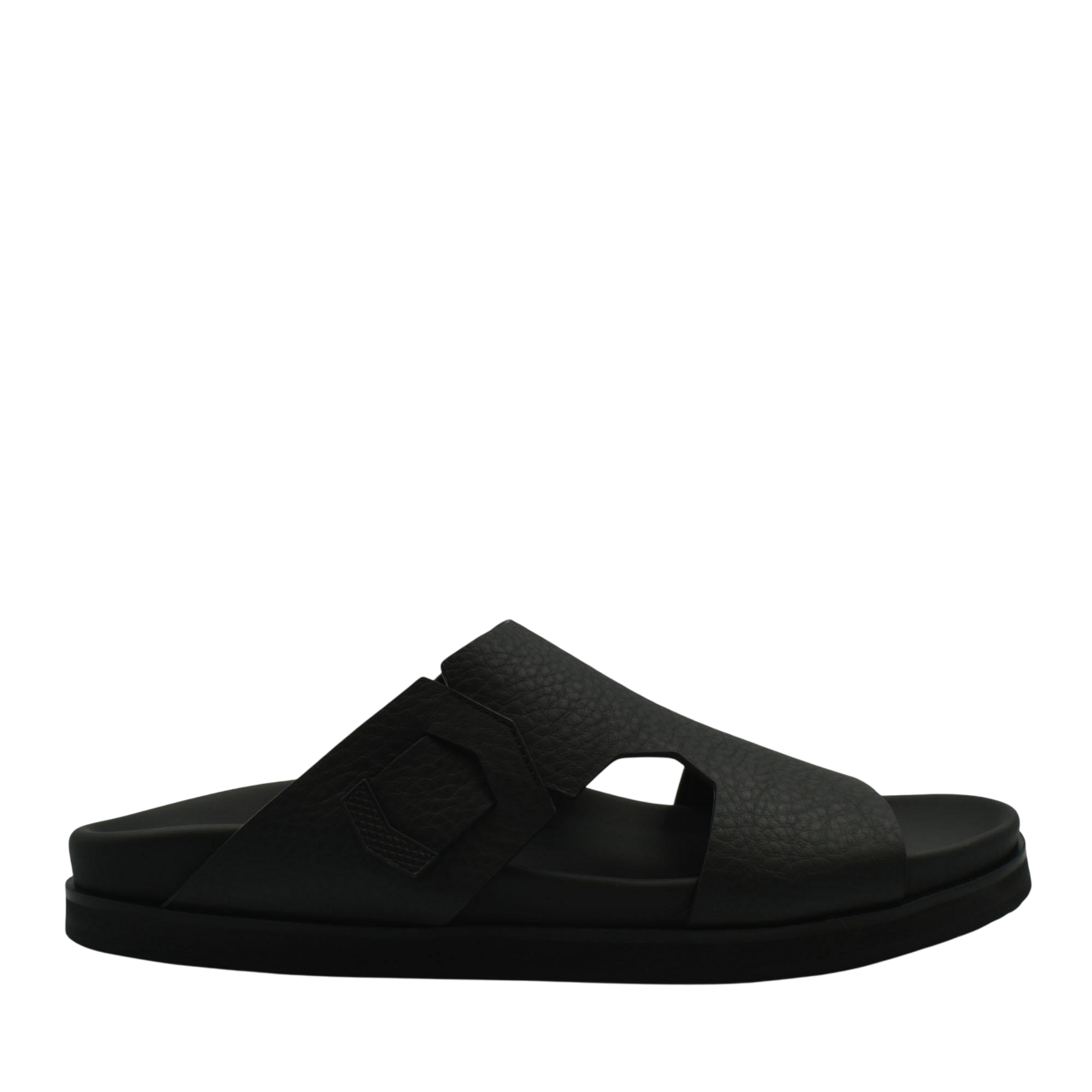 Black luxury leather sandals with wide straps and cushioned sole from Private Collection