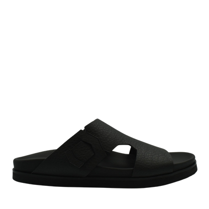 Black luxury leather sandals with wide straps and cushioned sole from Private Collection