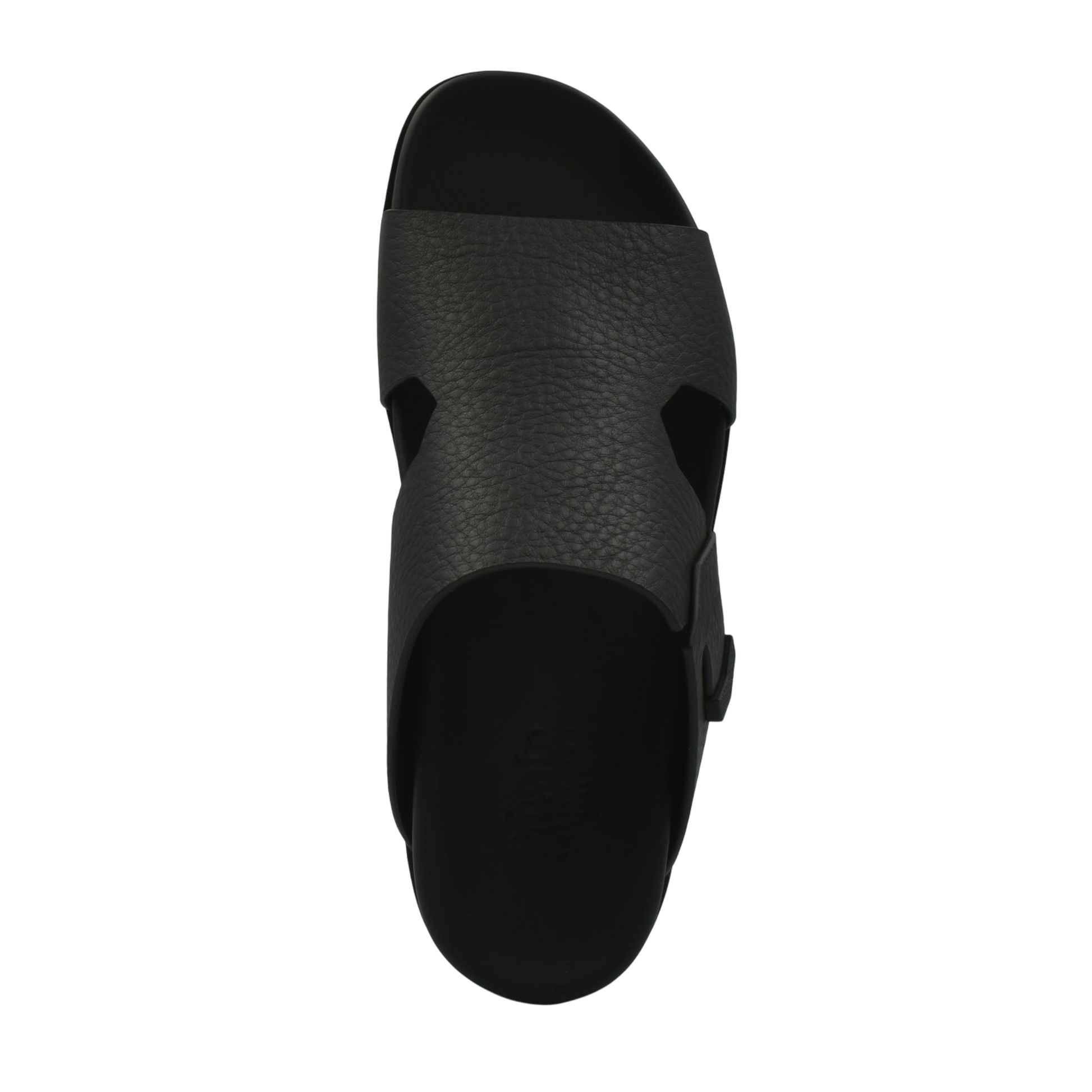 Top view of a black luxury leather sandals with textured wide strap and open toe design