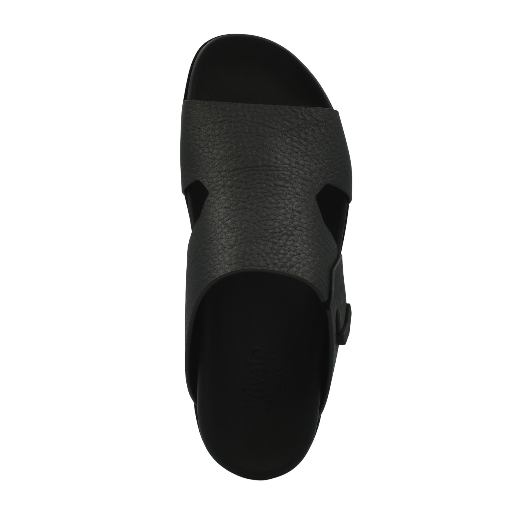 Top view of a black luxury leather sandals with textured wide strap and open toe design