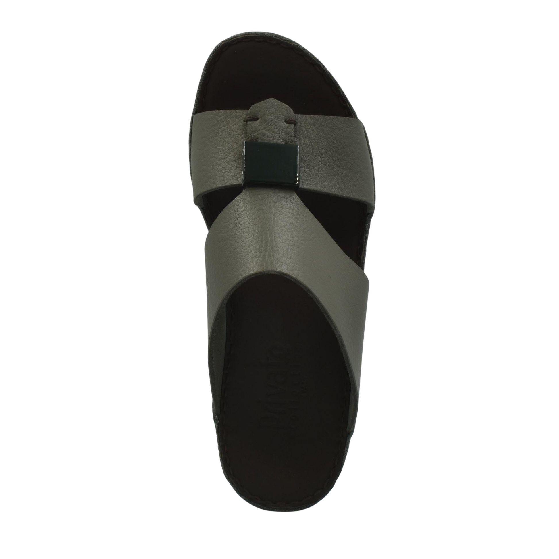 Top view of luxury leather sandals with gray straps and black buckle detail