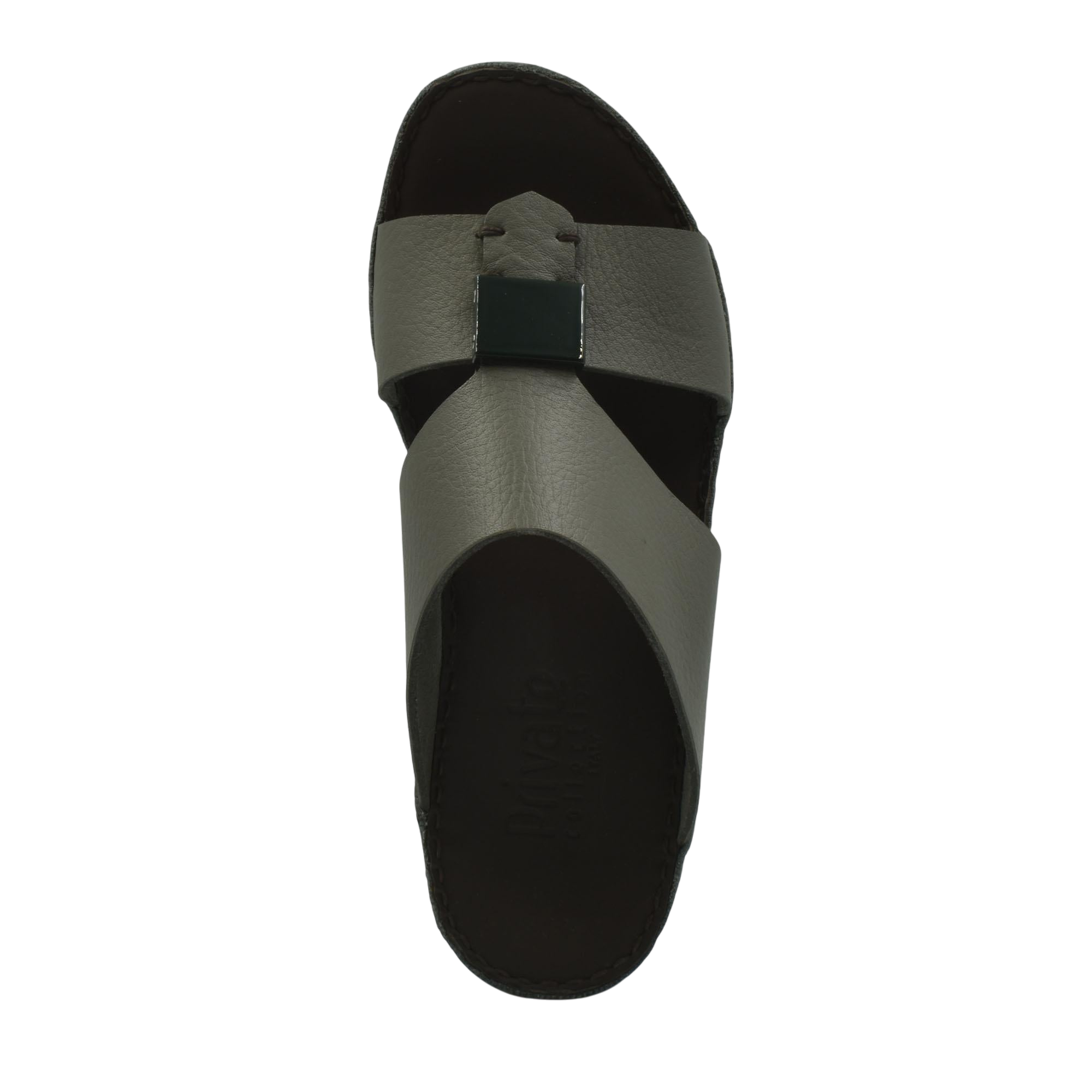 Top view of luxury leather sandals with gray straps and black buckle detail