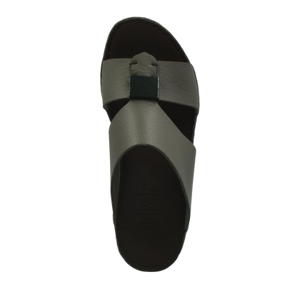 Top view of luxury leather sandals with gray straps and black buckle detail