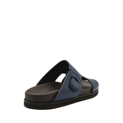 Single blue luxury leather sandals slide with cushioned sole and open toe design