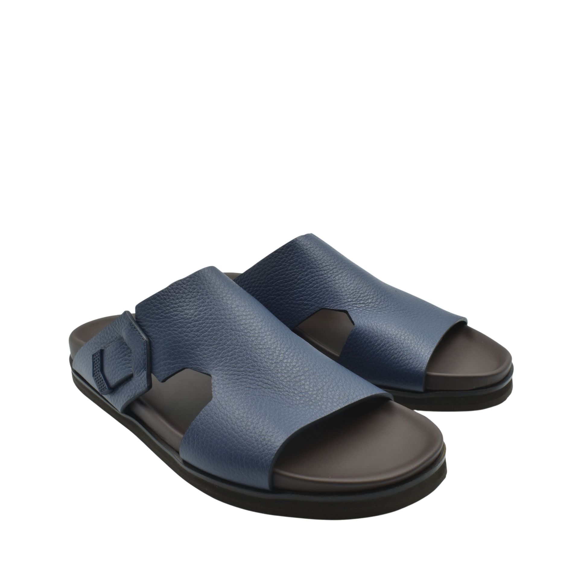 Blue luxury leather sandals with adjustable buckle strap and black sole from private collection
