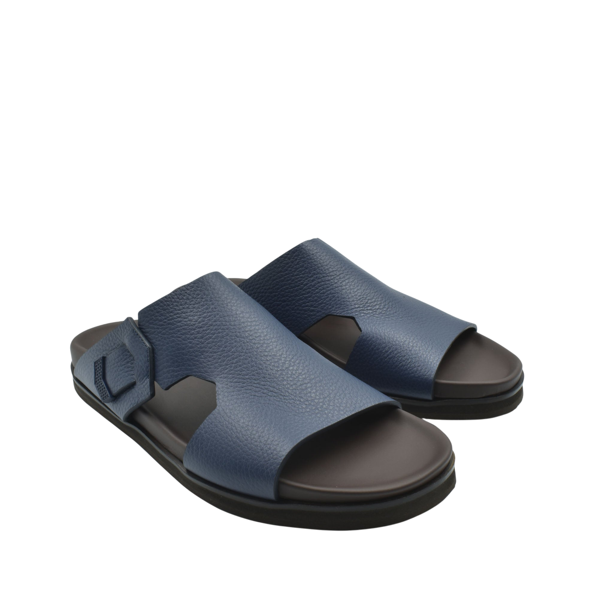 Blue luxury leather sandals with adjustable buckle strap and black sole from private collection