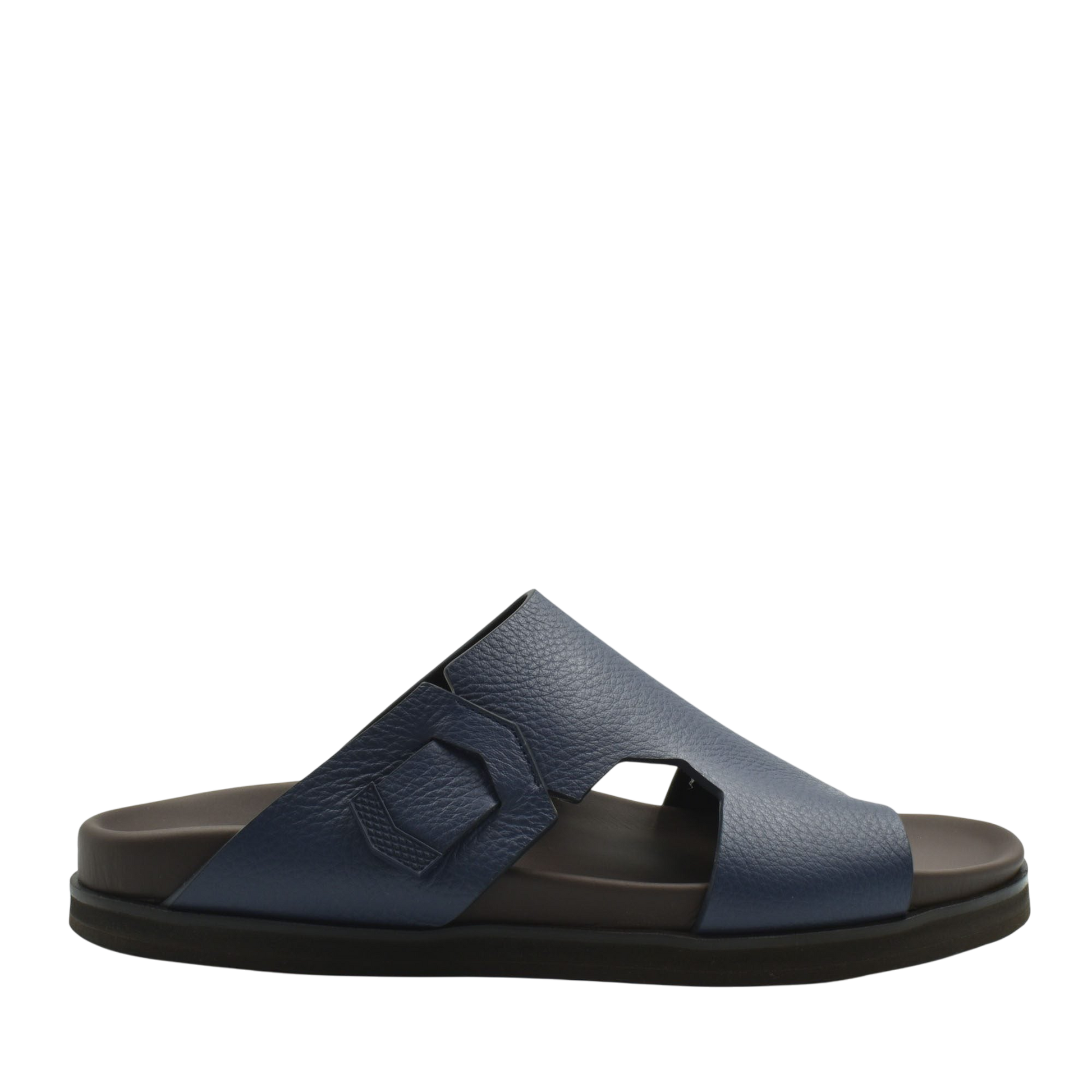 Blue luxury leather sandals with textured straps and cushioned black sole for comfort