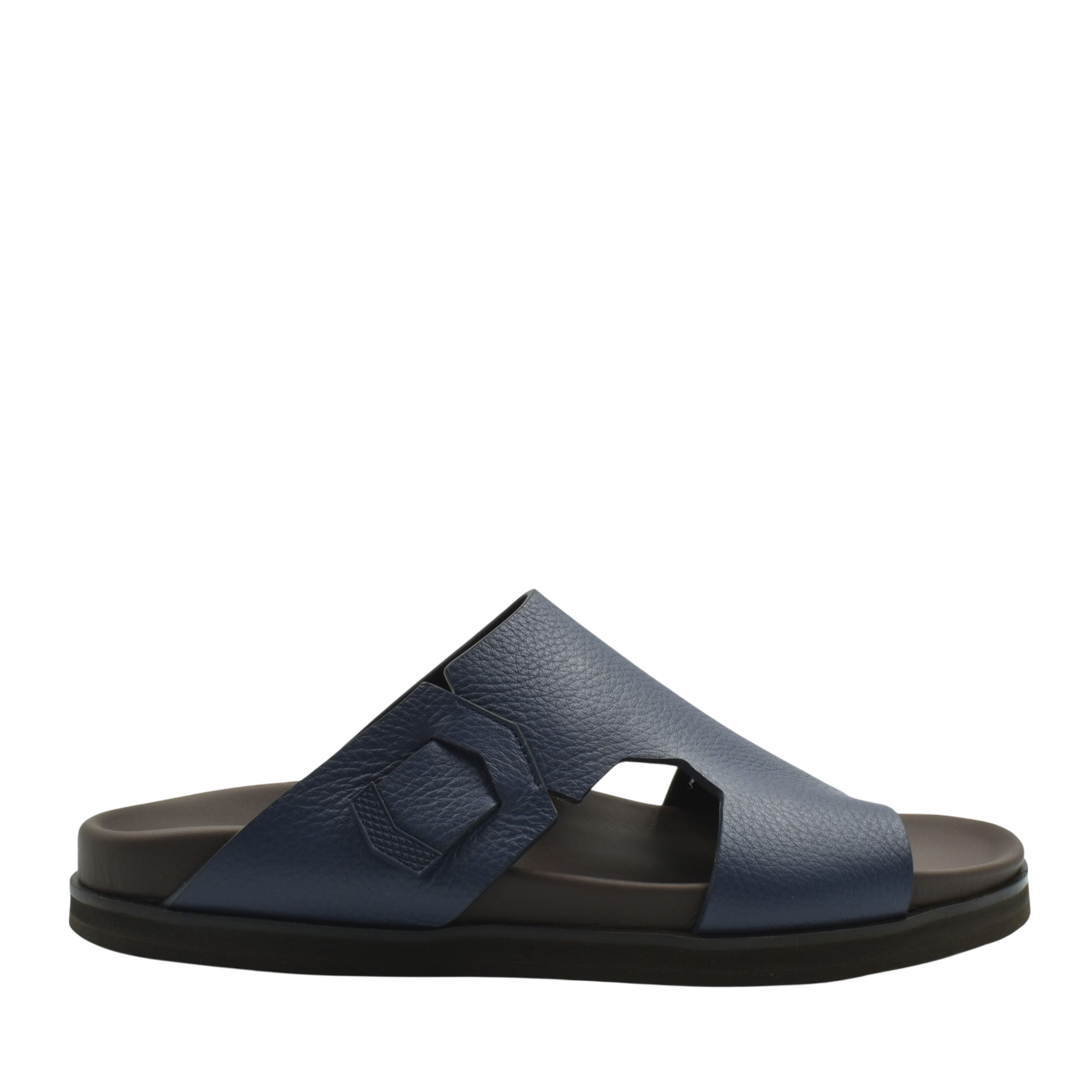 Blue luxury leather sandals with textured straps and cushioned black sole for comfort