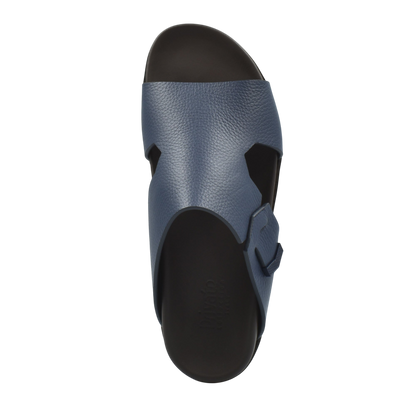 Blue luxury leather sandals with textured upper and adjustable buckle strap for comfort