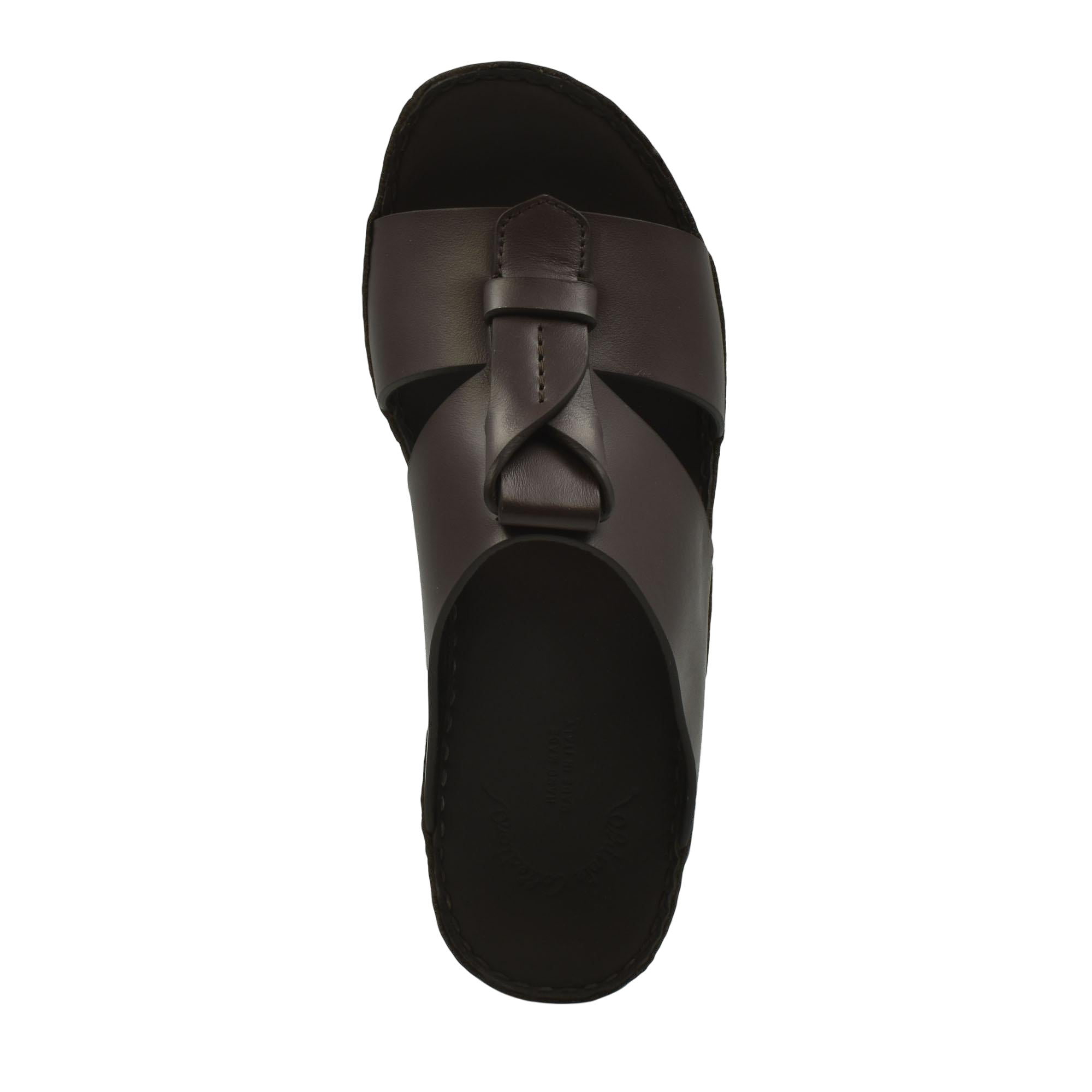 Top view of brown luxury leather sandals with a stylish knot design on the upper strap