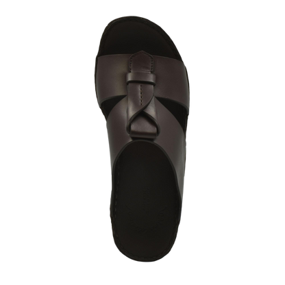 Top view of brown luxury leather sandals with a stylish knot design on the upper strap
