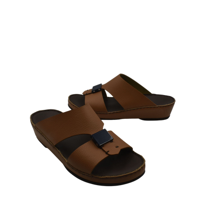Brown luxury leather sandals with double straps and black buckle detail for comfort and style
