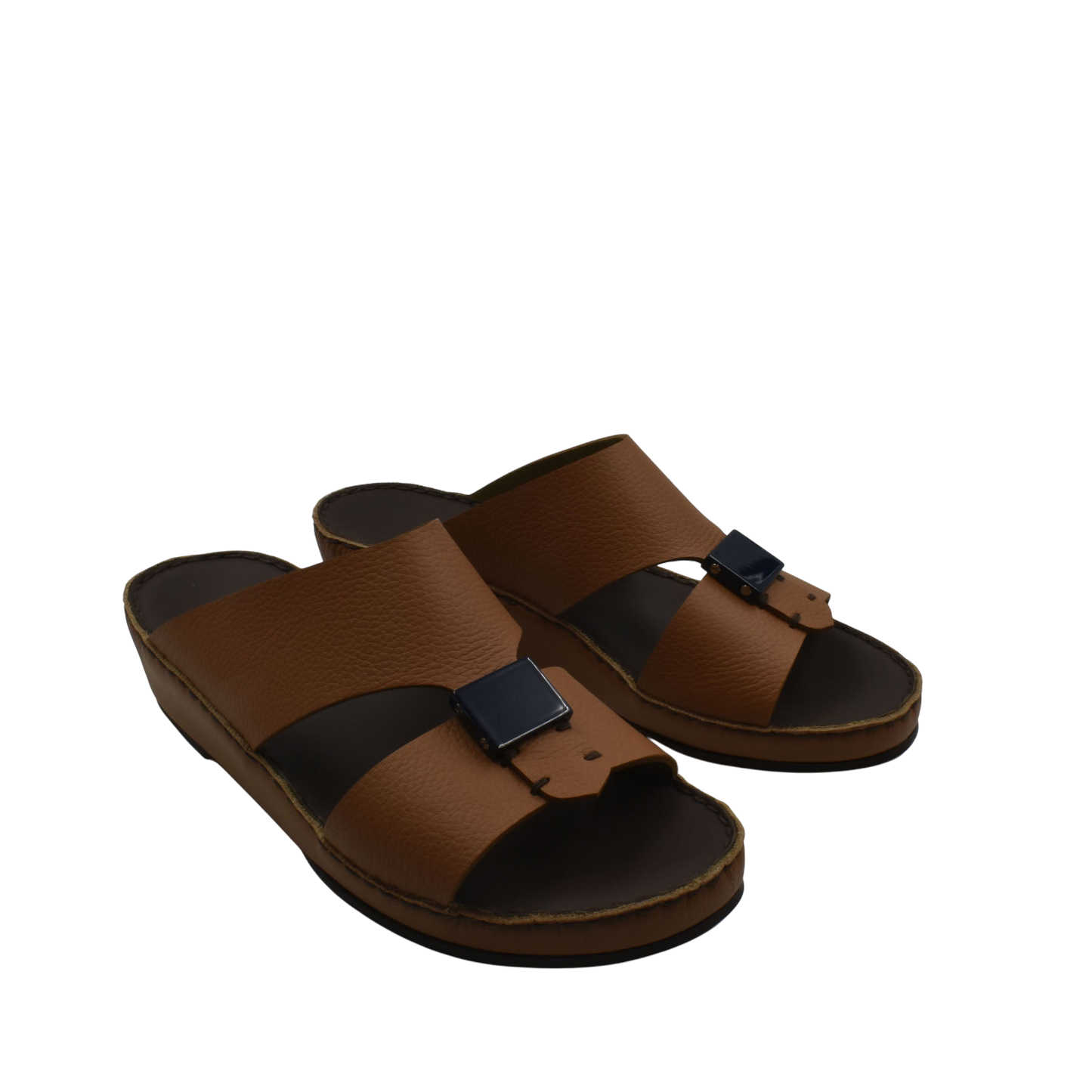 Brown luxury leather sandals with black buckle detail and cushioned sole from Private Collection