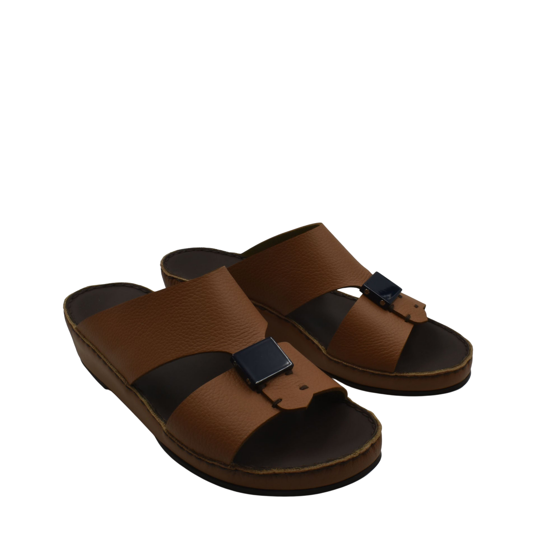 Brown luxury leather sandals with black buckle detail and cushioned sole from Private Collection