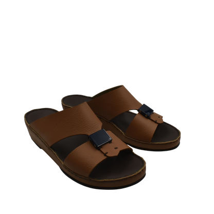 Brown luxury leather sandals with black buckle detail and cushioned sole from Private Collection