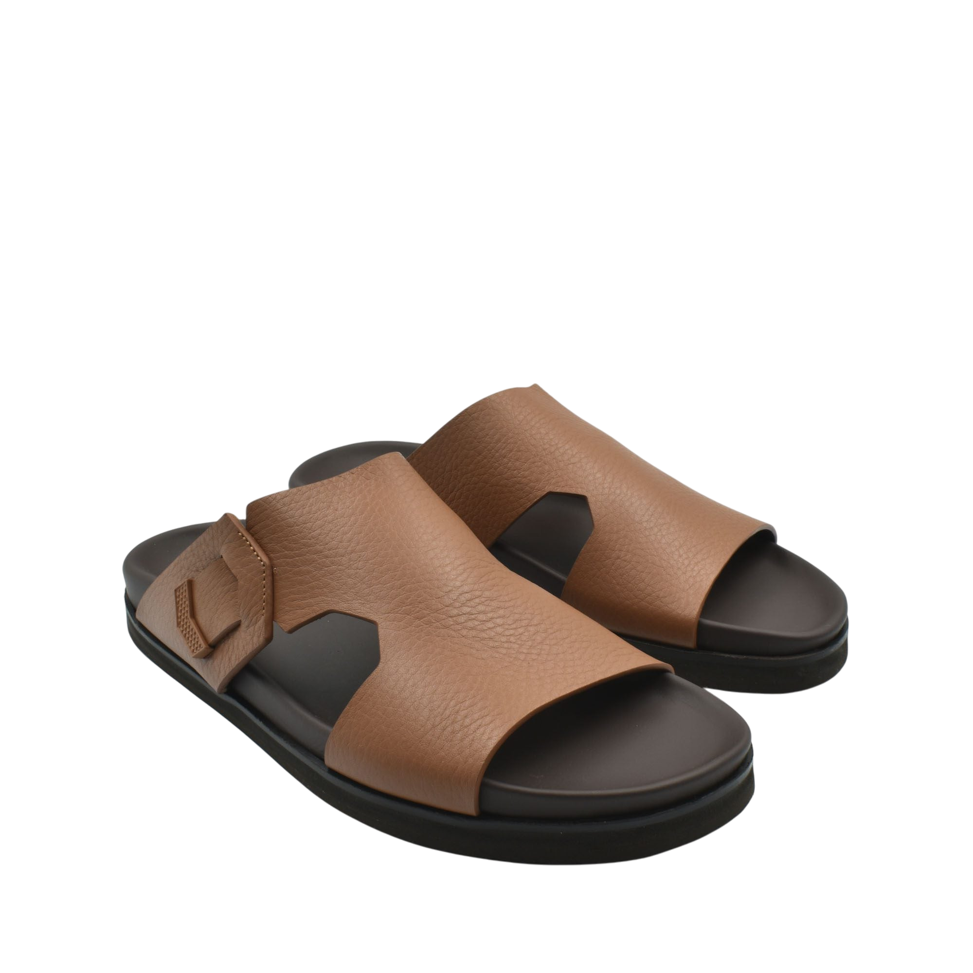 Brown luxury leather sandals with black sole and adjustable strap for comfortable wear