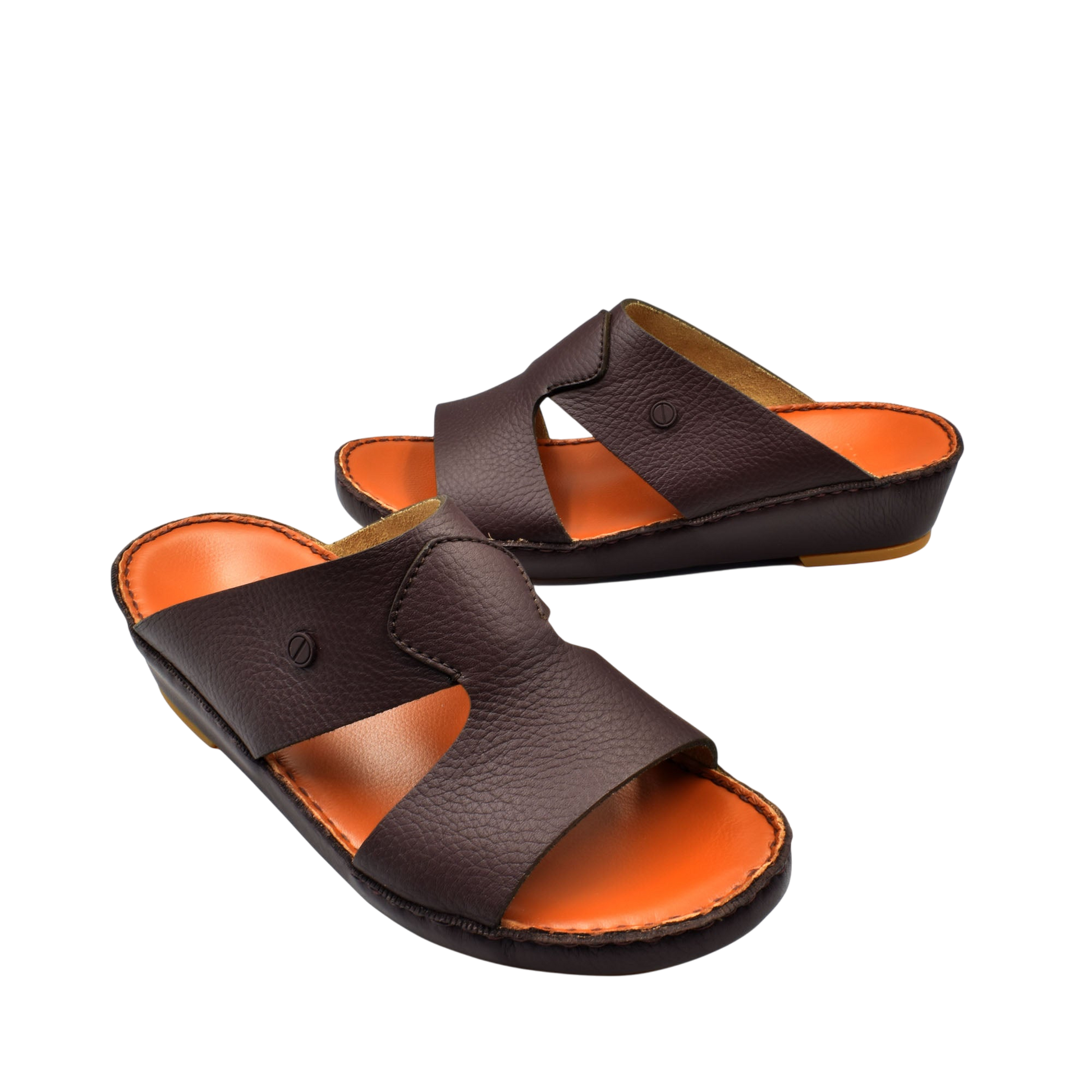 Private Collection luxury leather sandals in dark brown with orange cushioned footbed and open toe design