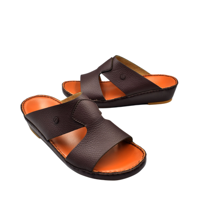 Private Collection luxury leather sandals in dark brown with orange cushioned footbed and open toe design