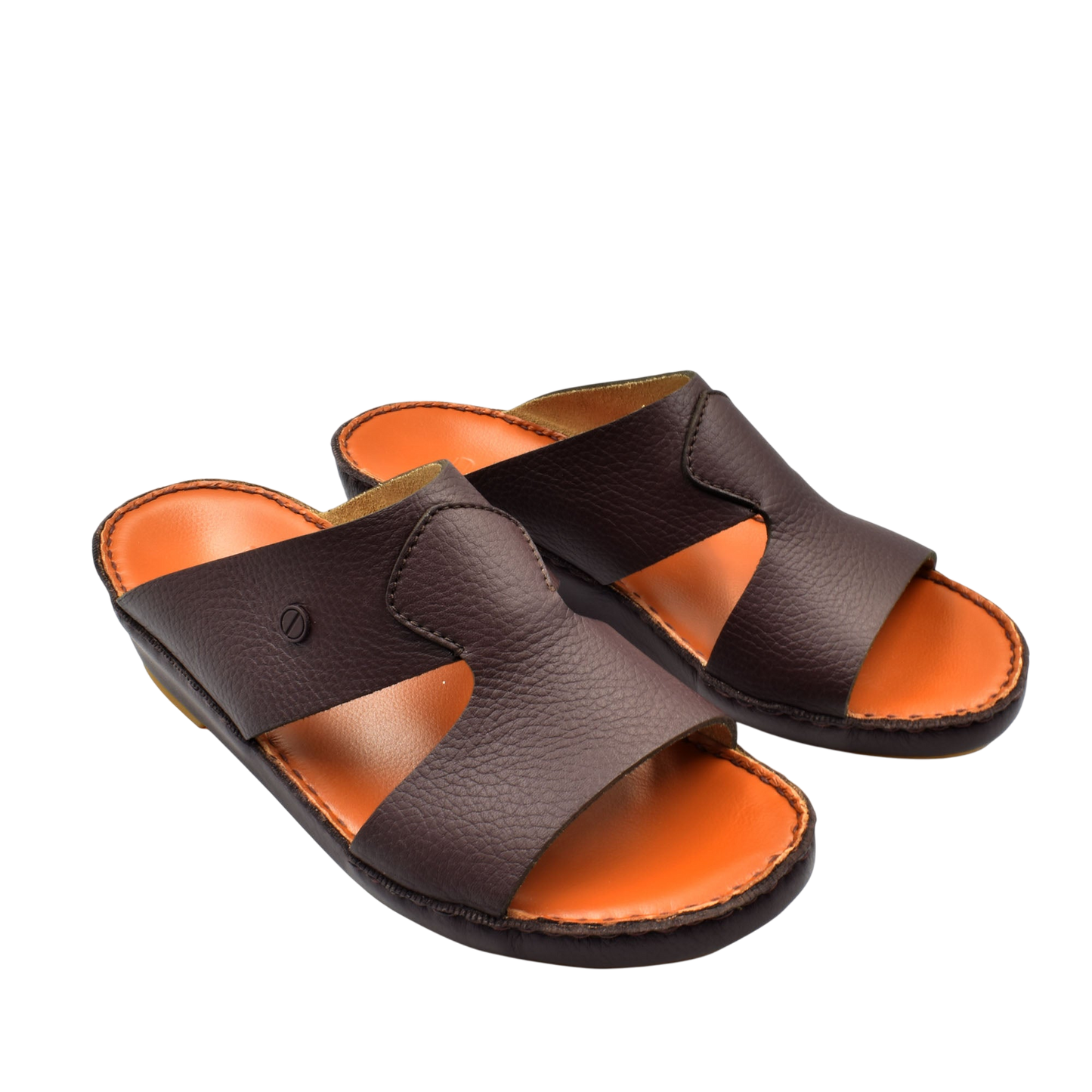 Private Collection luxury leather sandals in dark brown with comfortable orange footbed