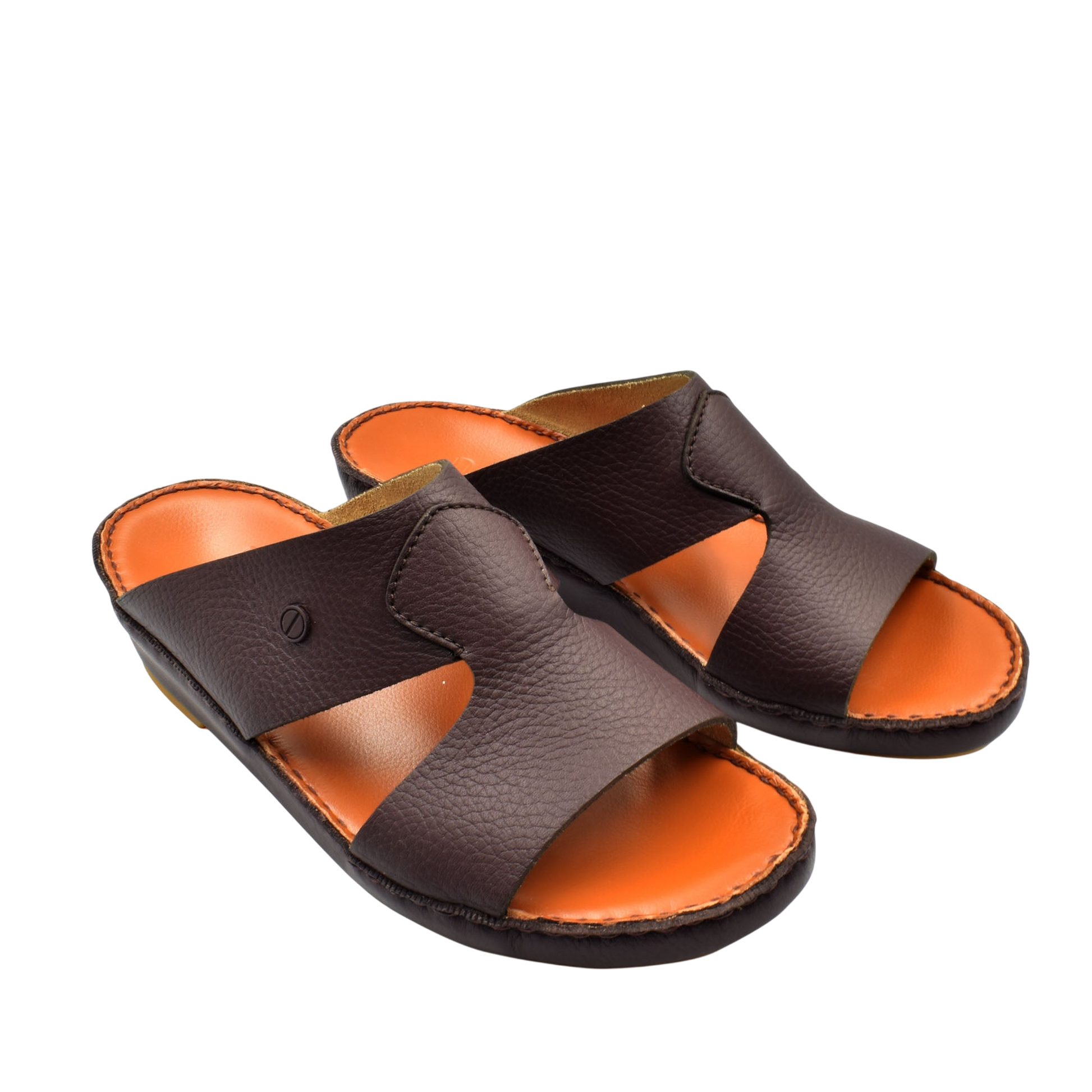Private Collection luxury leather sandals in dark brown with comfortable orange footbed