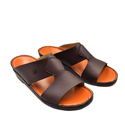 Private Collection luxury leather sandals in dark brown with comfortable orange footbed