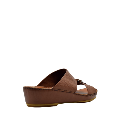 Brown luxury leather sandals with cushioned wedge sole and wide strap for comfort